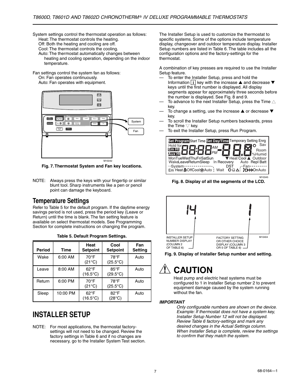 Installer setup, Caution, Temperature settings | Honeywell CHRONOTHERM T8602D User Manual | Page 7 / 28