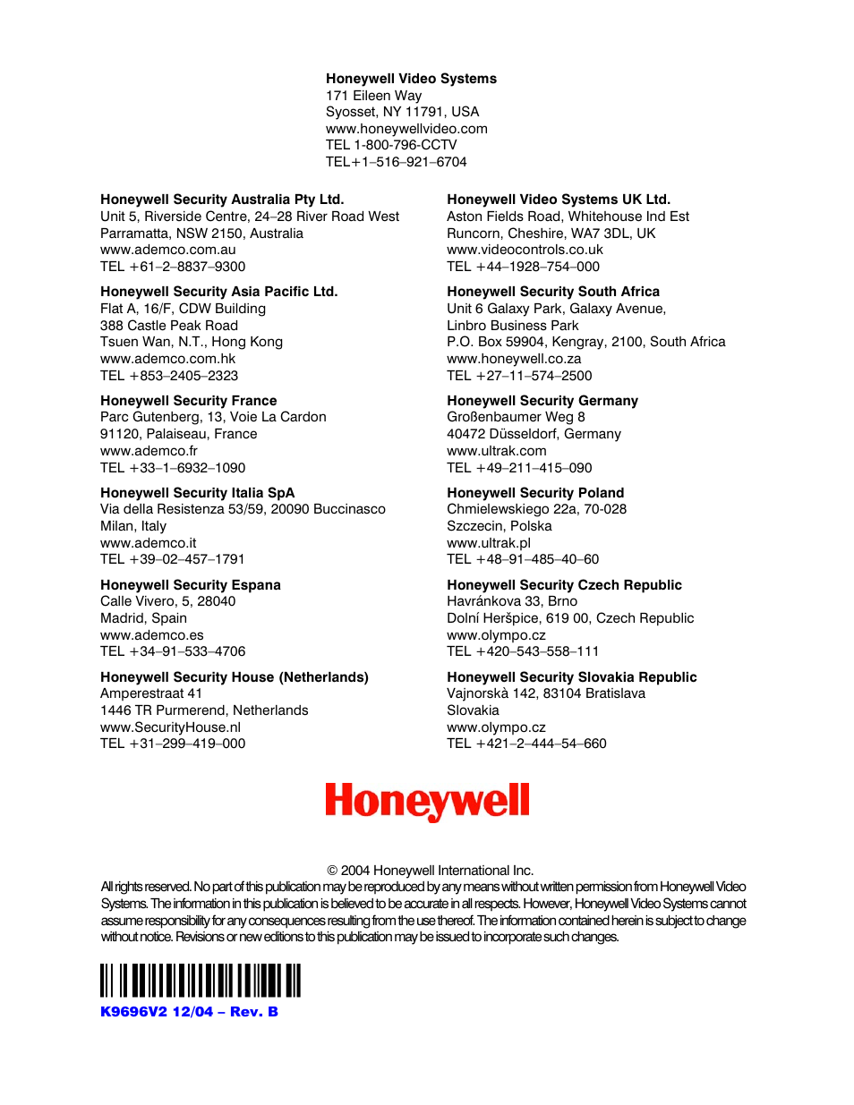 Honeywell RAPID EYE K9696V2 User Manual | Page 96 / 96