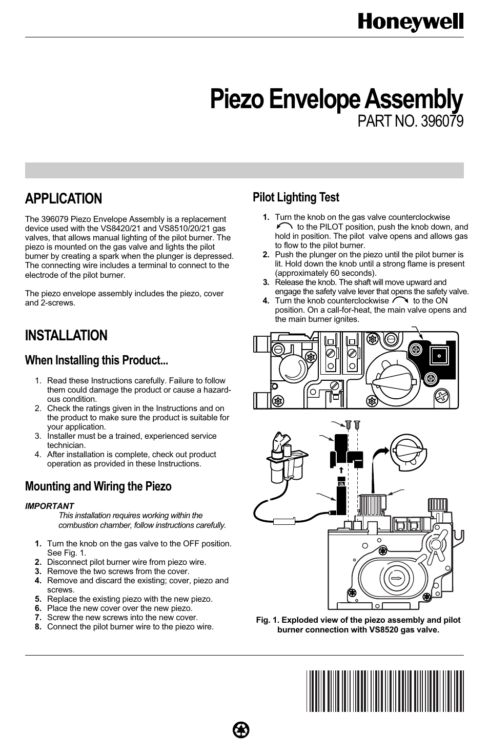 Honeywell Piezo Evelope Assembly 396079 User Manual | 1 page