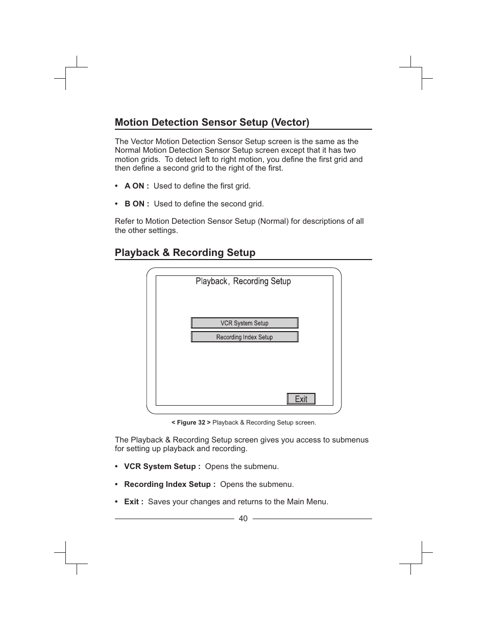 Motion detection sensor setup (vector), Playback & recording setup | Honeywell HXMT9 / HXMT9X User Manual | Page 54 / 102