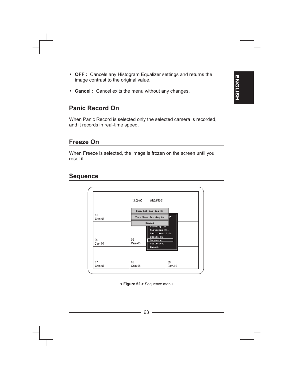 Panic record on, Freeze on, Sequence | Honeywell HXMT9 / HXMT9X User Manual | Page 77 / 102