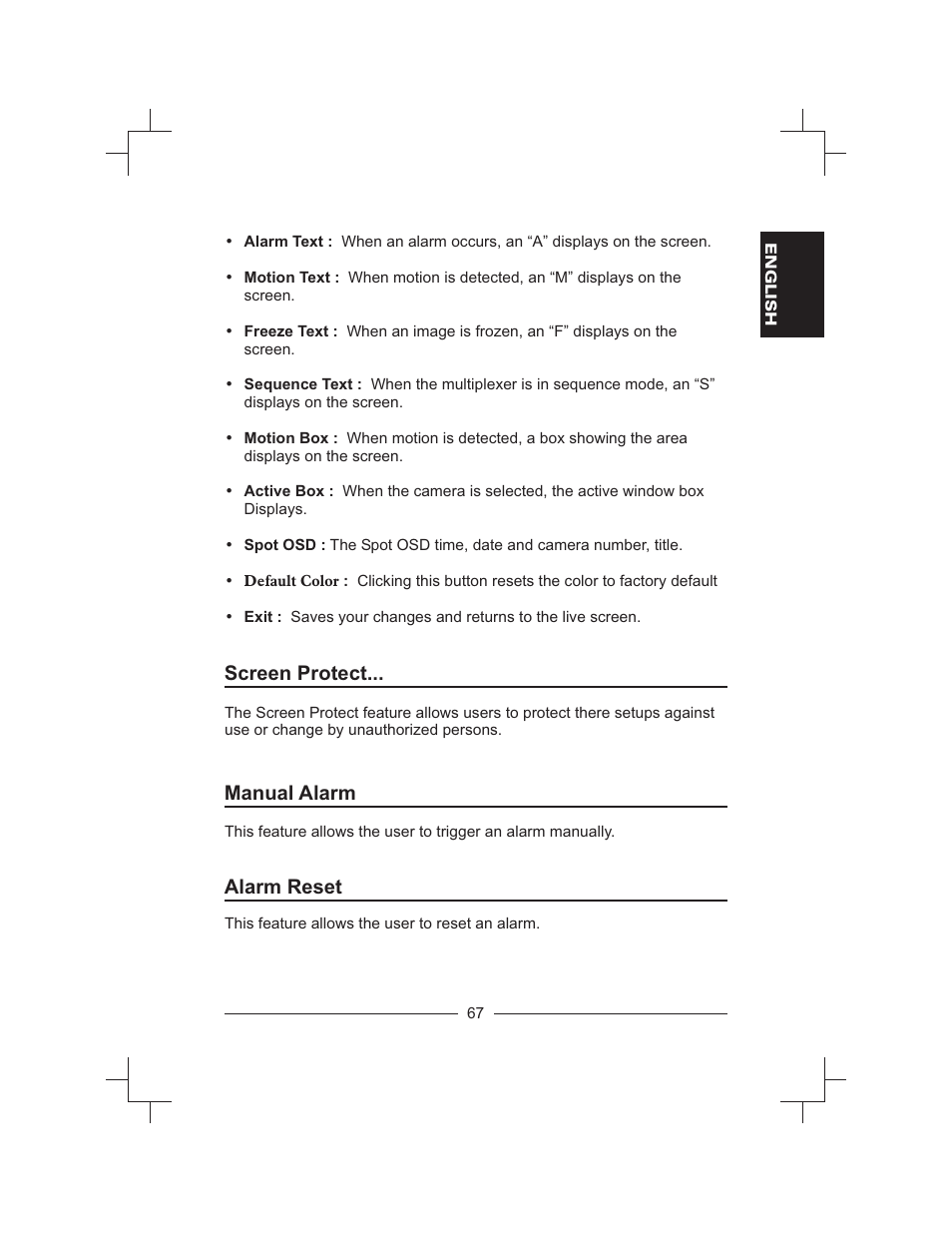 Screen protect, Manual alarm, Alarm reset | Honeywell HXMT9 / HXMT9X User Manual | Page 81 / 102