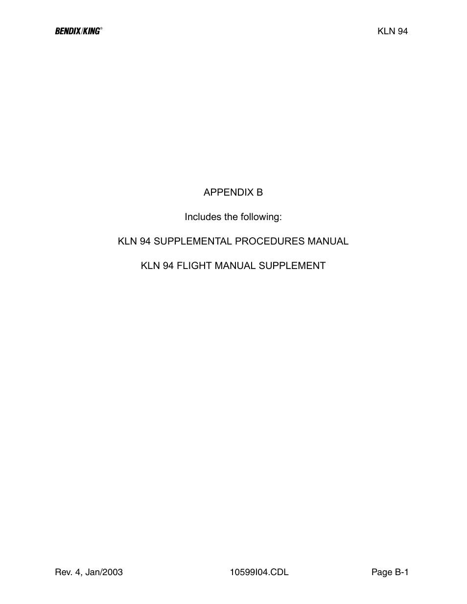 Appendix b, Appendix b - supplementals, Flight manual supplement | Procedures appendix | Honeywell BENDIX/KING KLN 94 User Manual | Page 109 / 156