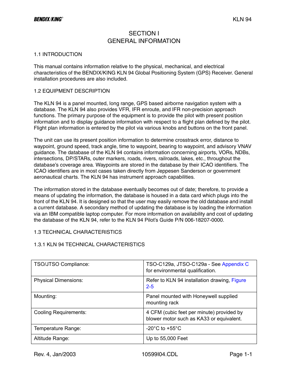 Section i, 1 introduction, 2 equipment description | 3 technical characteristics, 1 kln 94 technical characteristics | Honeywell BENDIX/KING KLN 94 User Manual | Page 11 / 156