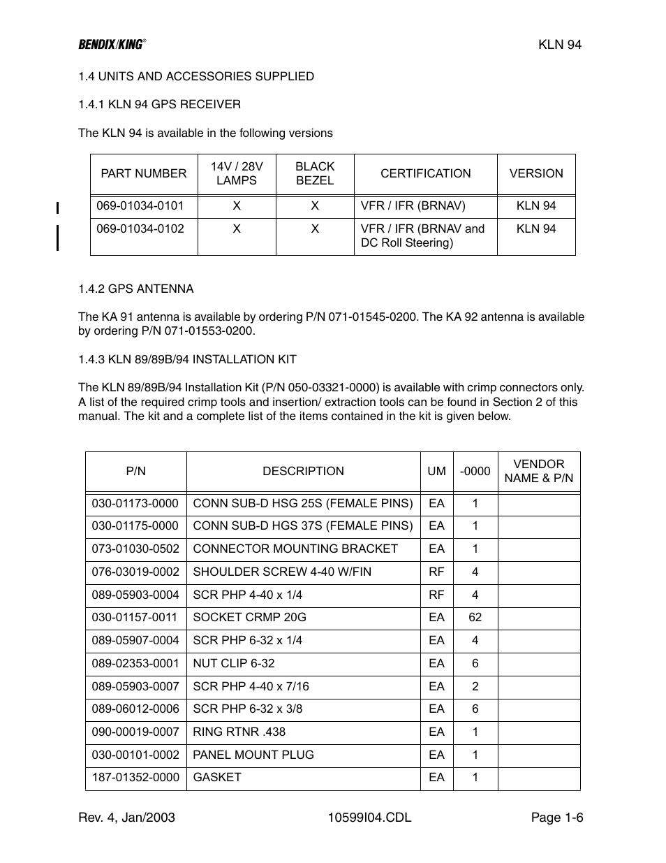 4 units and accessories supplied, 1 kln 94 gps receiver, 2 gps antenna | 3 kln 94 installation kit | Honeywell BENDIX/KING KLN 94 User Manual | Page 16 / 156