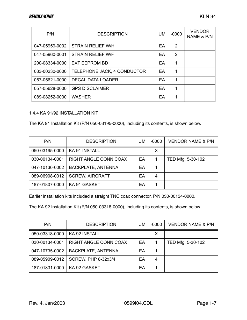 4 ka 91/92 installation kit | Honeywell BENDIX/KING KLN 94 User Manual | Page 17 / 156