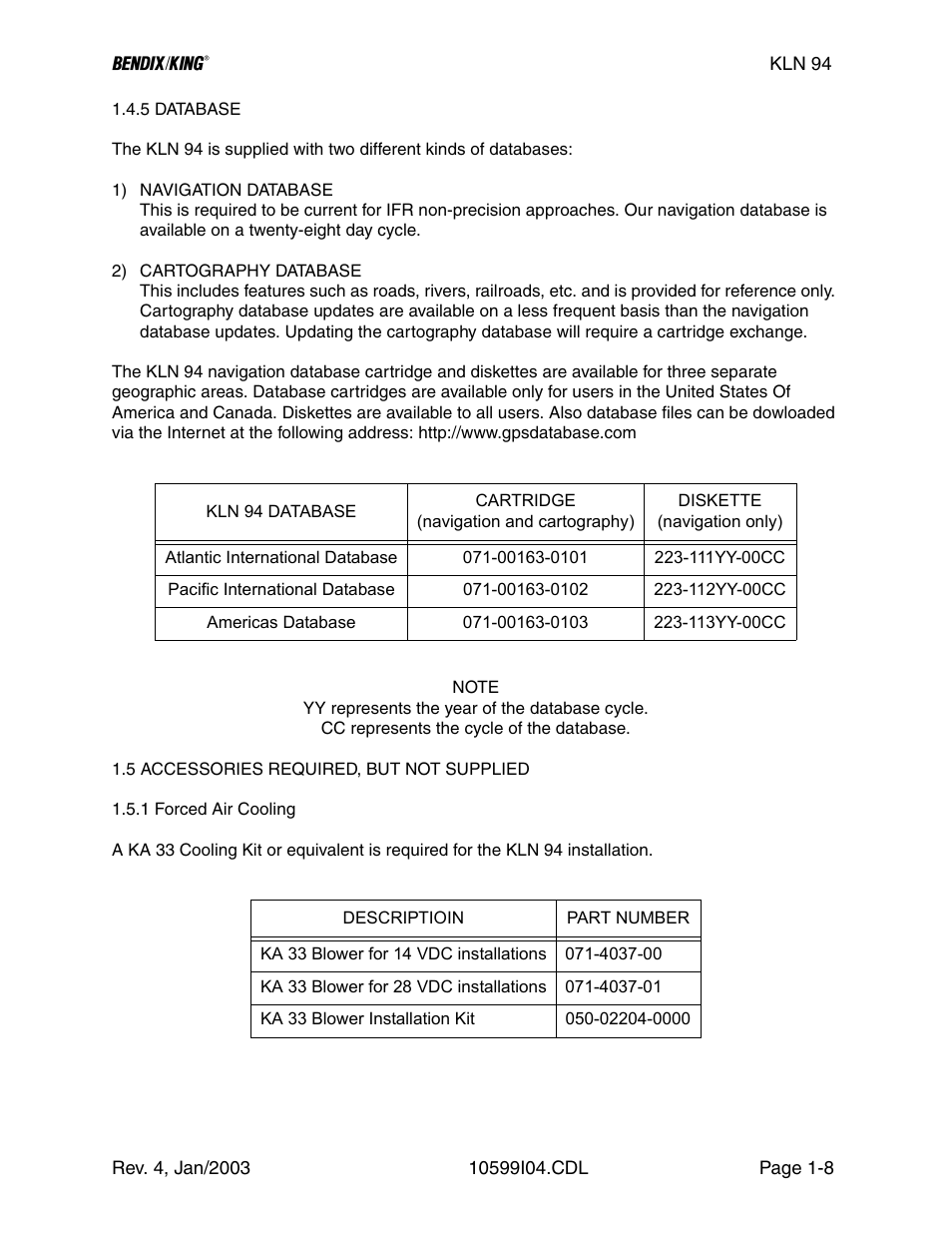 5 accessories required, but not supplied, 5 database, 1 forced air cooling | Honeywell BENDIX/KING KLN 94 User Manual | Page 18 / 156