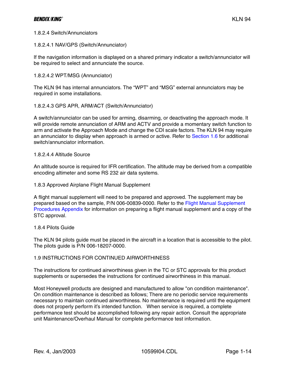 9 instructions for continued airworthiness, 3 approved airplane flight manual supplement, 4 pilot’s guide | Honeywell BENDIX/KING KLN 94 User Manual | Page 24 / 156