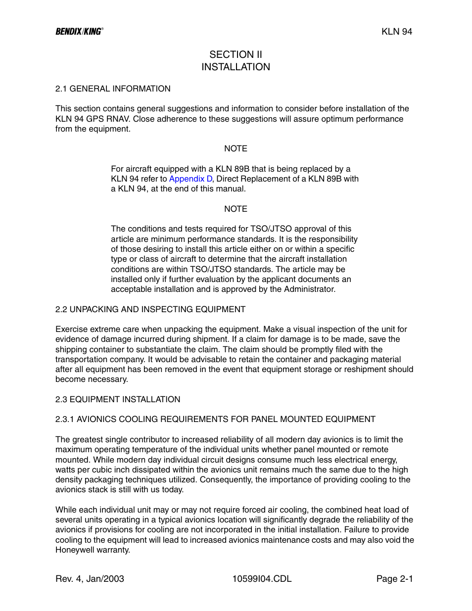 Section ii, 1 general information, 2 unpacking and inspecting equipment | 3 equipment installation | Honeywell BENDIX/KING KLN 94 User Manual | Page 25 / 156