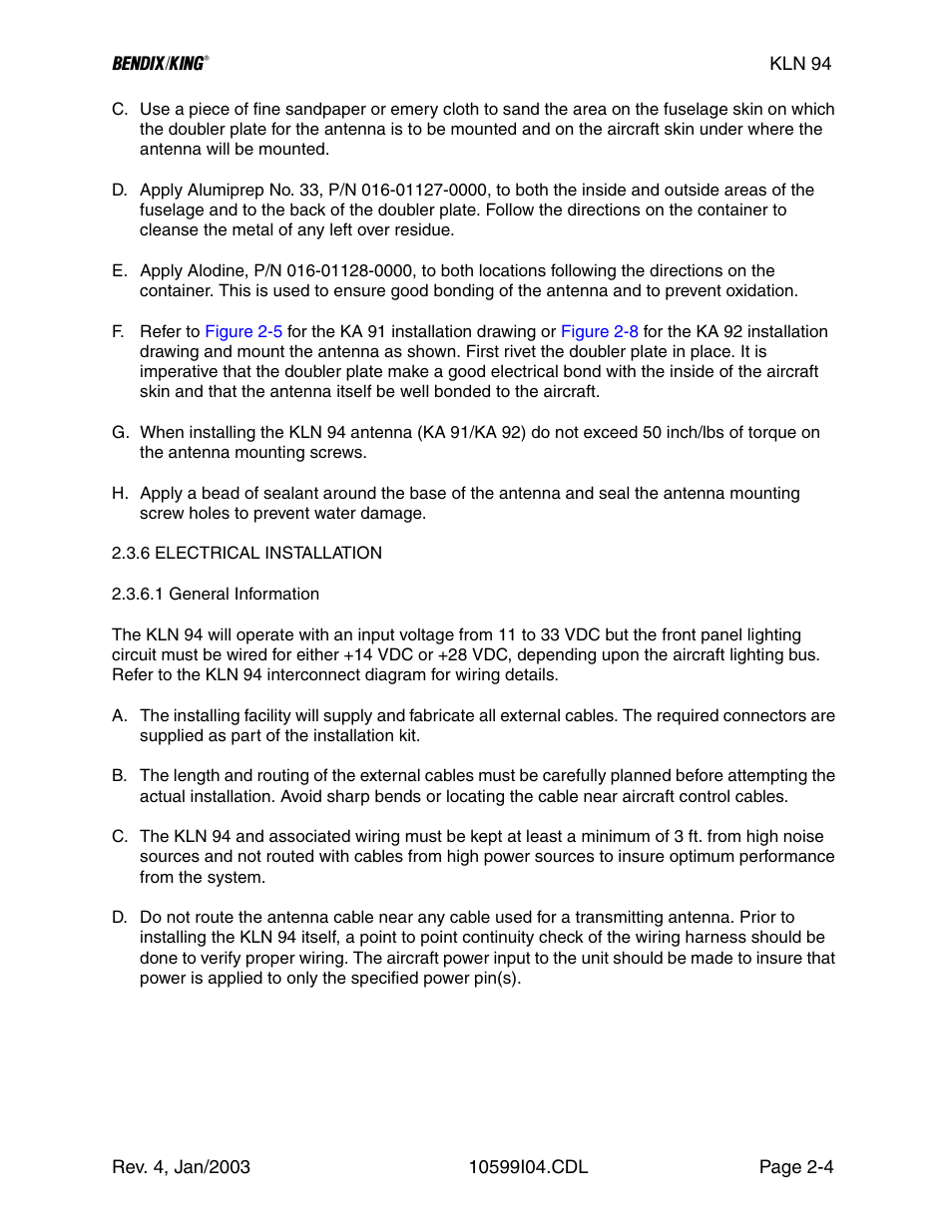 6 electrical installation, Section 2.3.6 | Honeywell BENDIX/KING KLN 94 User Manual | Page 28 / 156