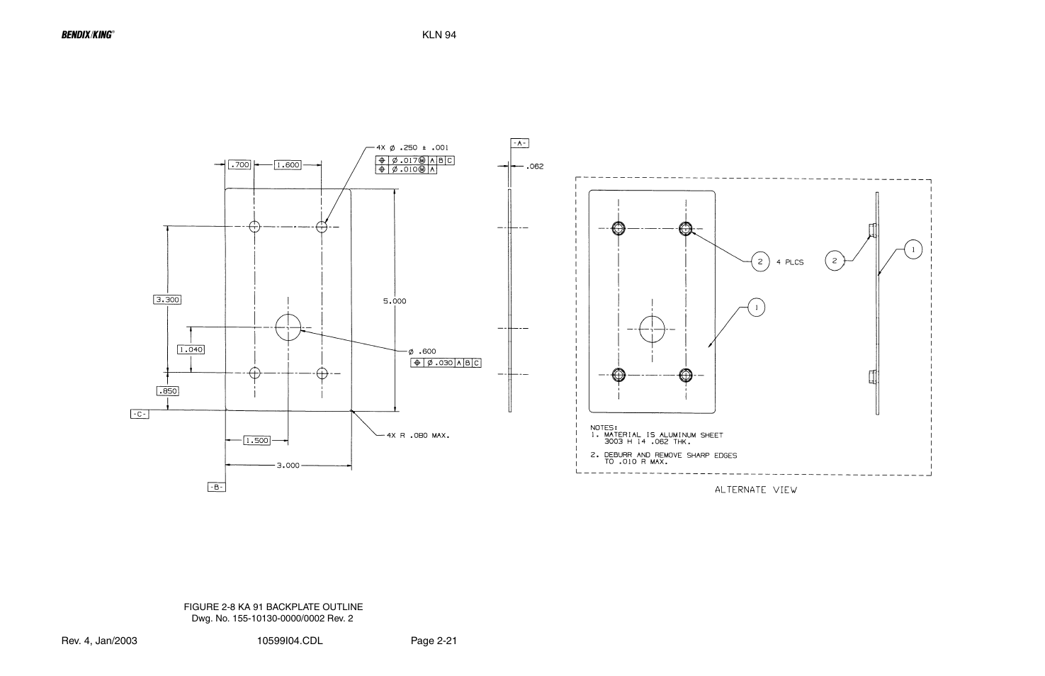 8 ka 91 backplate outline drawing, Figure 2-8 | Honeywell BENDIX/KING KLN 94 User Manual | Page 43 / 156