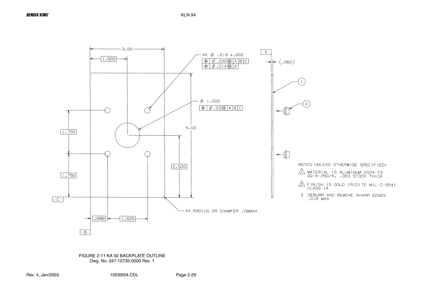 11 ka 92 backplate outline drawing, Figure 2-11 | Honeywell BENDIX/KING KLN 94 User Manual | Page 49 / 156