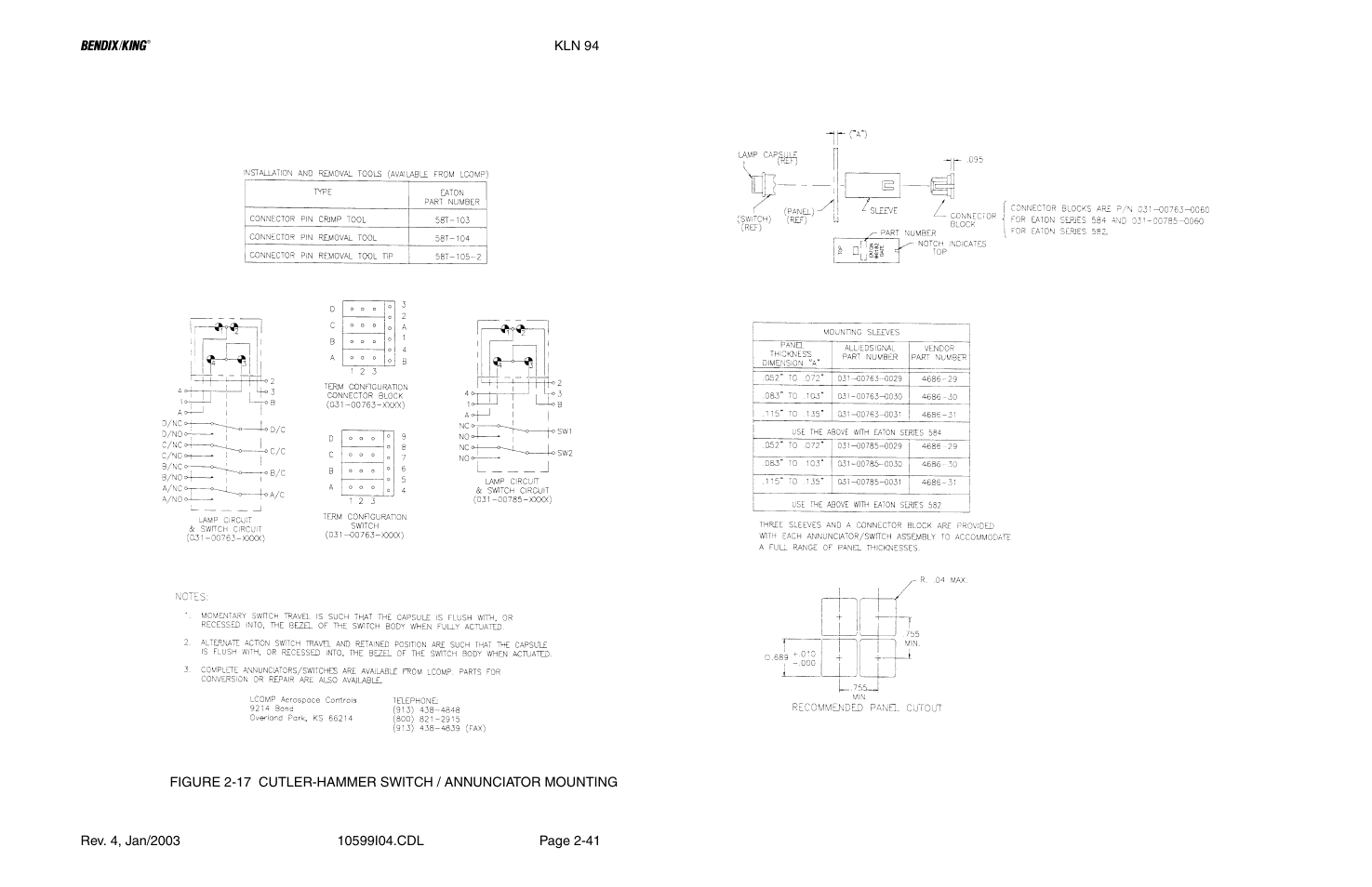 17 cutler-hammer switch/annun. mounting drawing, Figure 2-17 | Honeywell BENDIX/KING KLN 94 User Manual | Page 57 / 156