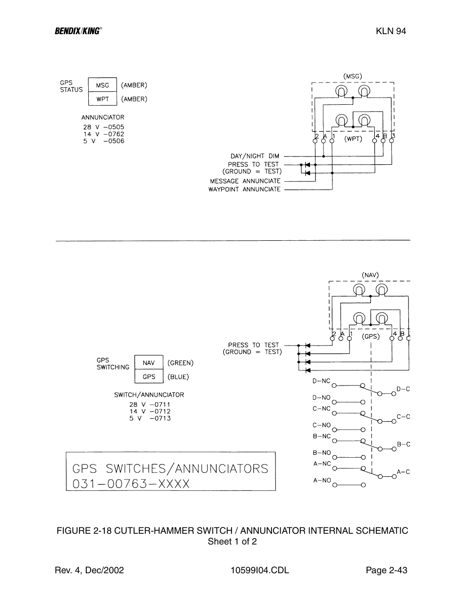 18 cutler-hammer switch/annun. internal schematic | Honeywell BENDIX/KING KLN 94 User Manual | Page 58 / 156