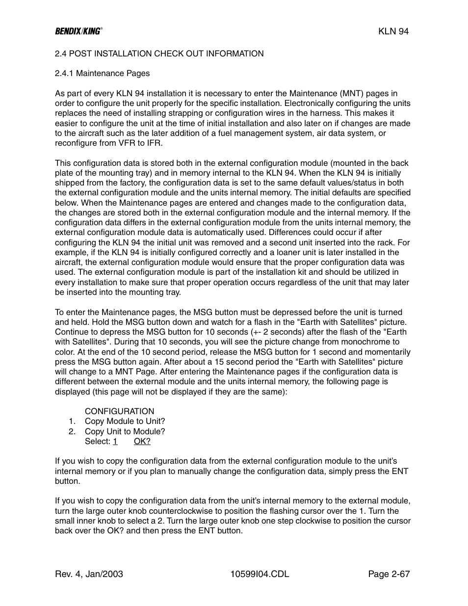 4 post installation check out information, Section 2.4.1, Er to | Honeywell BENDIX/KING KLN 94 User Manual | Page 71 / 156