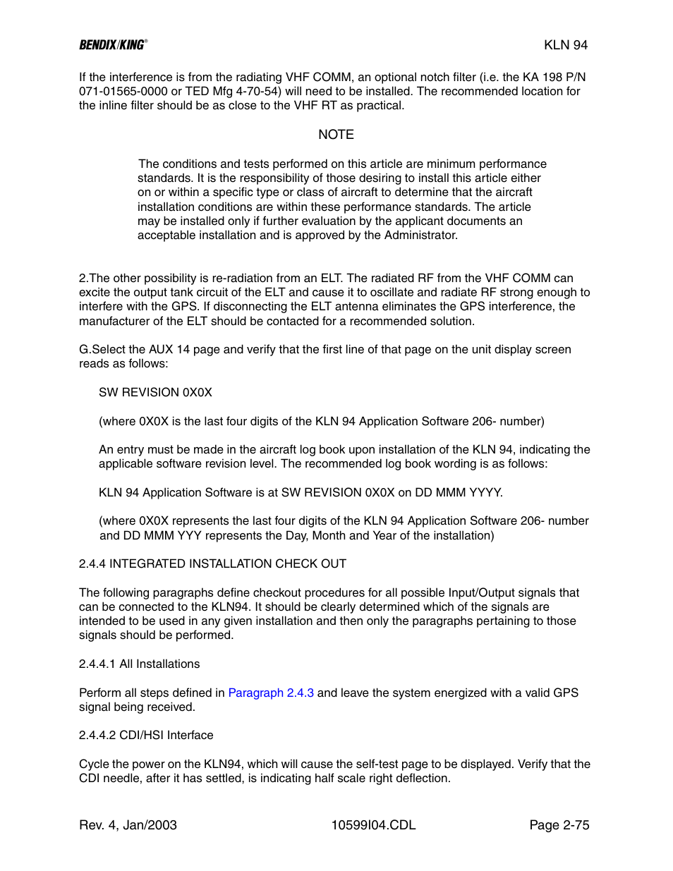 4 integrated installation check out | Honeywell BENDIX/KING KLN 94 User Manual | Page 79 / 156