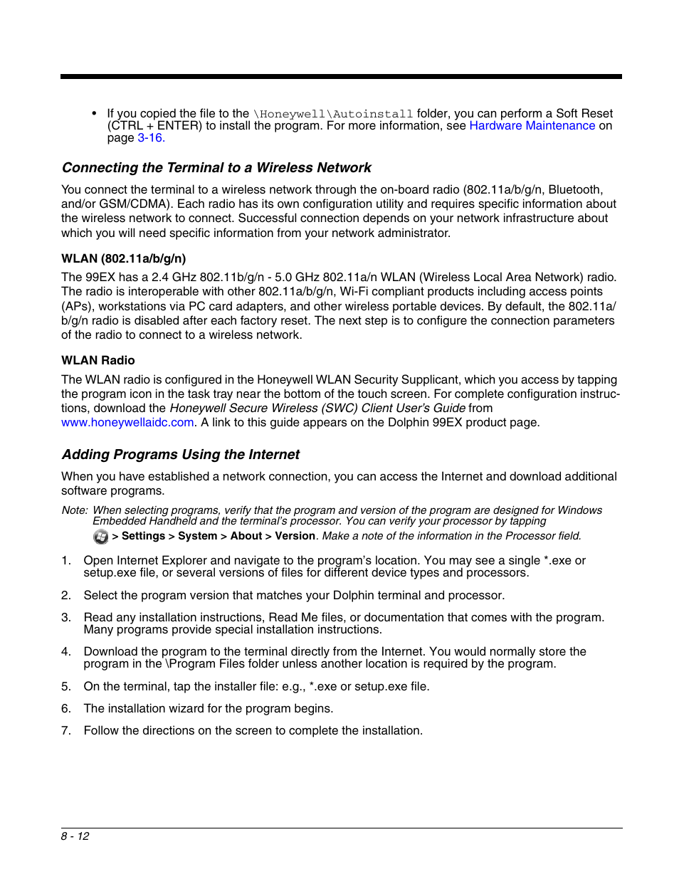 Connecting the terminal to a wireless network, Adding programs using the internet | Honeywell DOLPHIN 99EX User Manual | Page 106 / 190