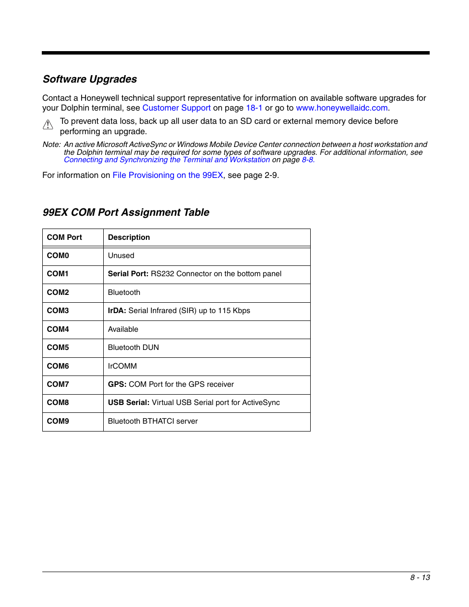 Software upgrades, 99ex com port assignment table | Honeywell DOLPHIN 99EX User Manual | Page 107 / 190