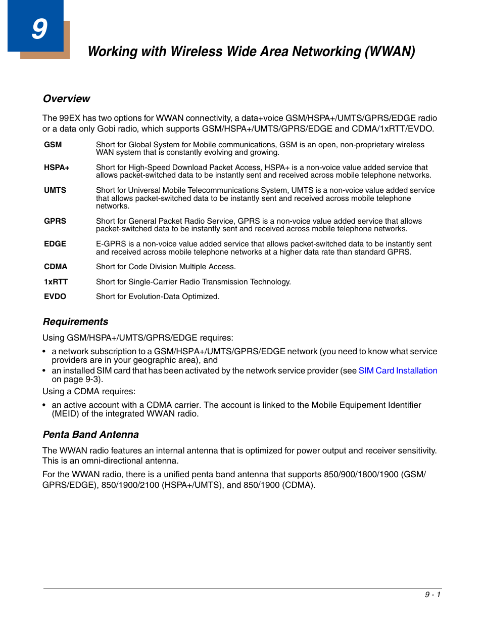 Working with wireless wide area networking (wwan), Overview, Penta band antenna | Overview -1, Penta band antenna -1 | Honeywell DOLPHIN 99EX User Manual | Page 109 / 190