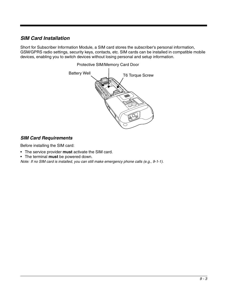 Sim card installation, Sim card installation -3, Ted by the network service provider (see | Honeywell DOLPHIN 99EX User Manual | Page 111 / 190