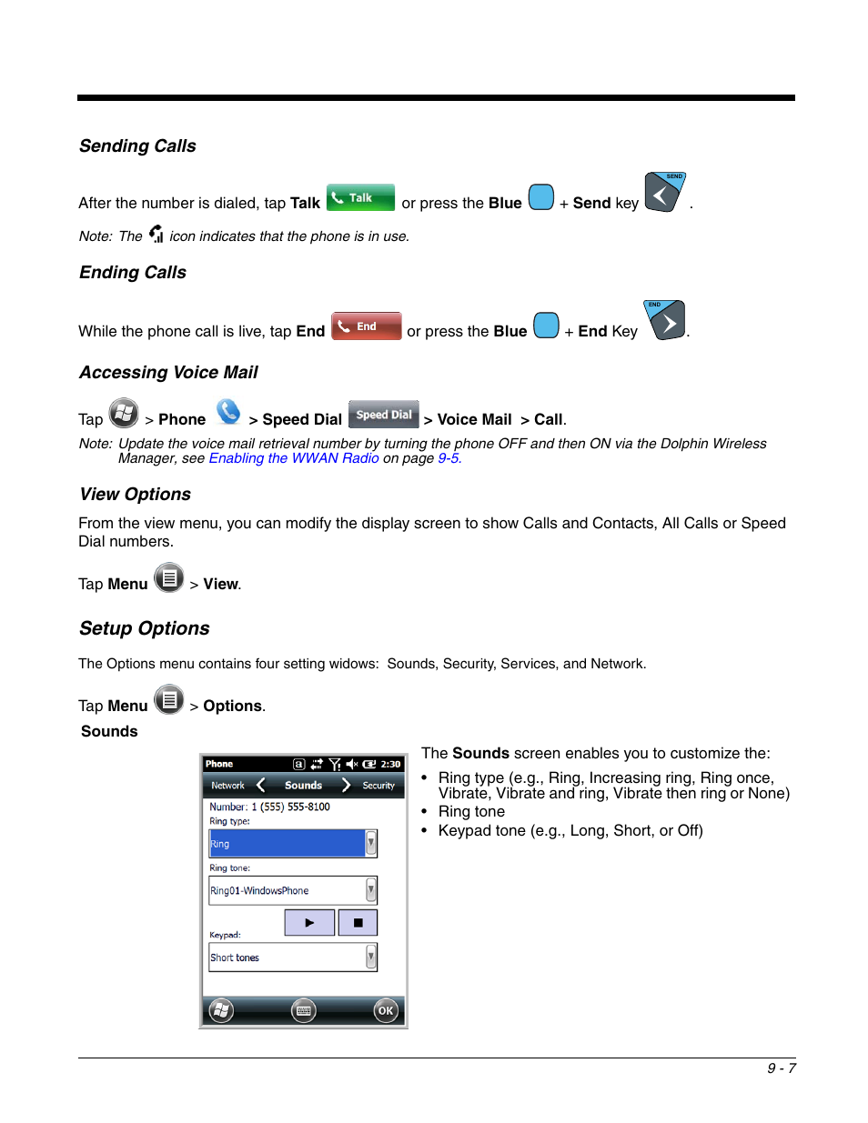 Sending calls, Ending calls, Accessing voice mail | View options, Setup options, Setup options -7 | Honeywell DOLPHIN 99EX User Manual | Page 115 / 190