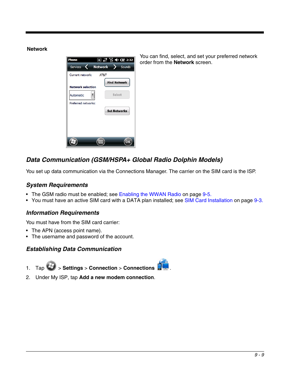 System requirements, Information requirements, Establishing data communication | The signal strength of the data connection; see, Data | Honeywell DOLPHIN 99EX User Manual | Page 117 / 190