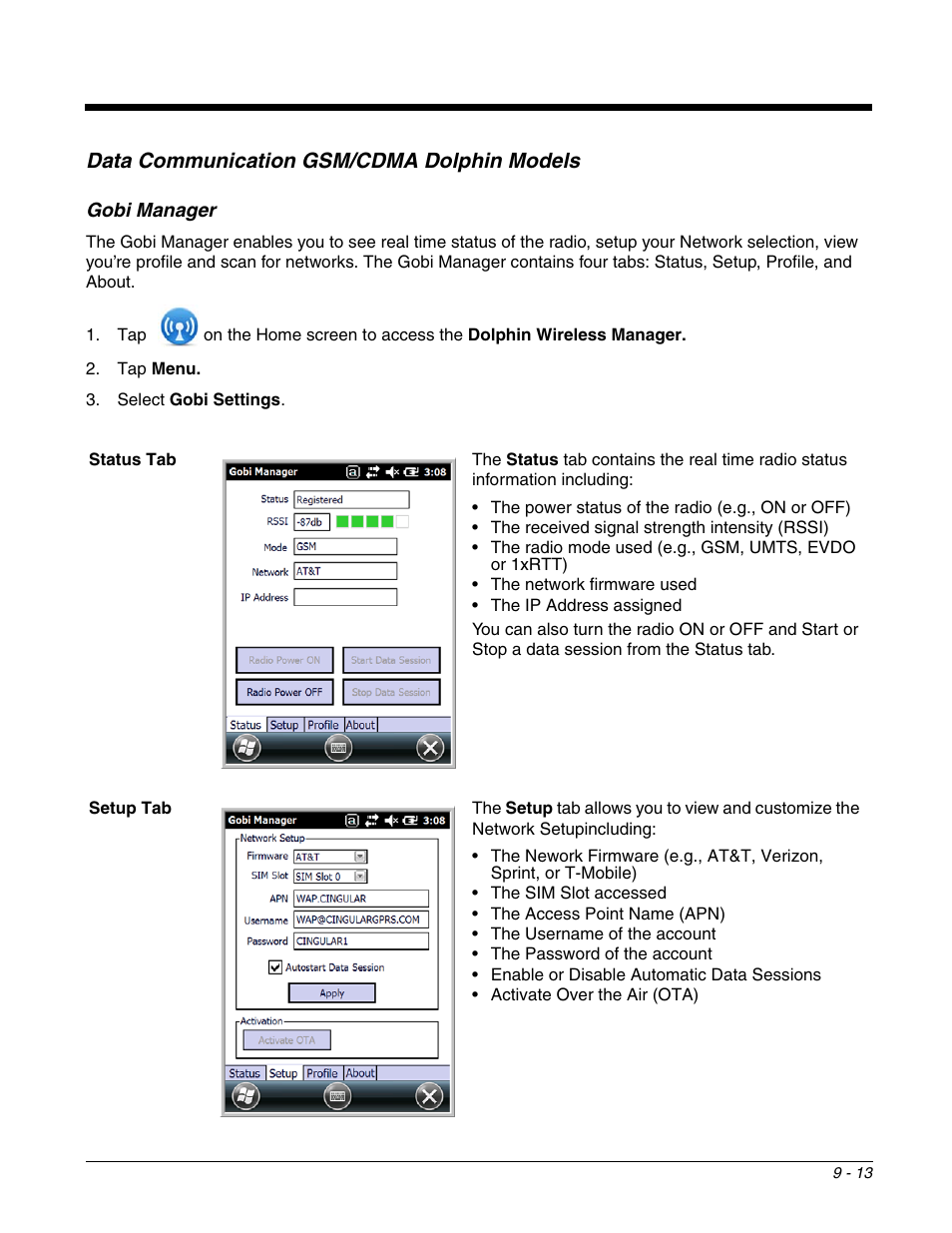 Data communication gsm/cdma dolphin models, Gobi manager, Data communication gsm/cdma dolphin models -13 | Gobi manager -13 | Honeywell DOLPHIN 99EX User Manual | Page 121 / 190
