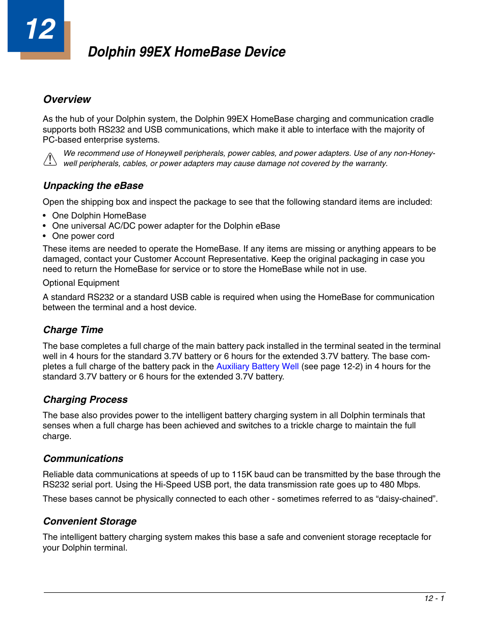 Dolphin 99ex homebase device, Overview, Unpacking the ebase | Chapter 12 - dolphin 99ex homebase device, Overview -1, Unpacking the ebase -1, Ation, see, Of the | Honeywell DOLPHIN 99EX User Manual | Page 131 / 190