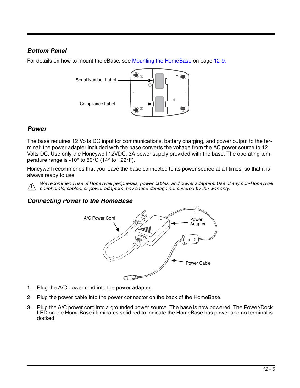Bottom panel, Power, Connecting power to the homebase | Bottom panel -5, Power -5, Connecting power to the homebase -5, Section that follows | Honeywell DOLPHIN 99EX User Manual | Page 135 / 190