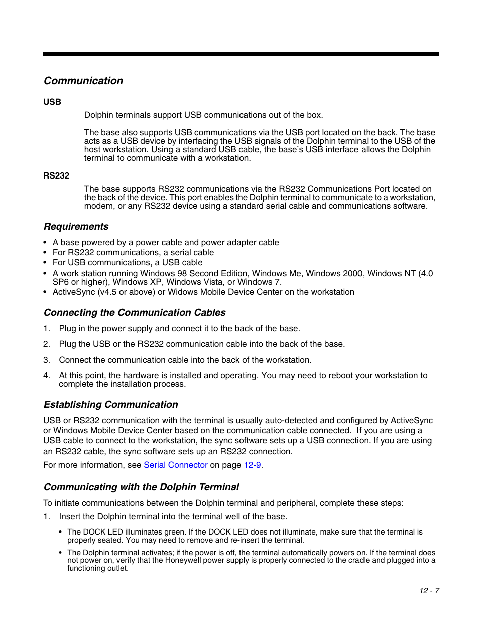 Communication, Connecting the communication cables, Establishing communication | Communicating with the dolphin terminal, Communication -7 | Honeywell DOLPHIN 99EX User Manual | Page 137 / 190