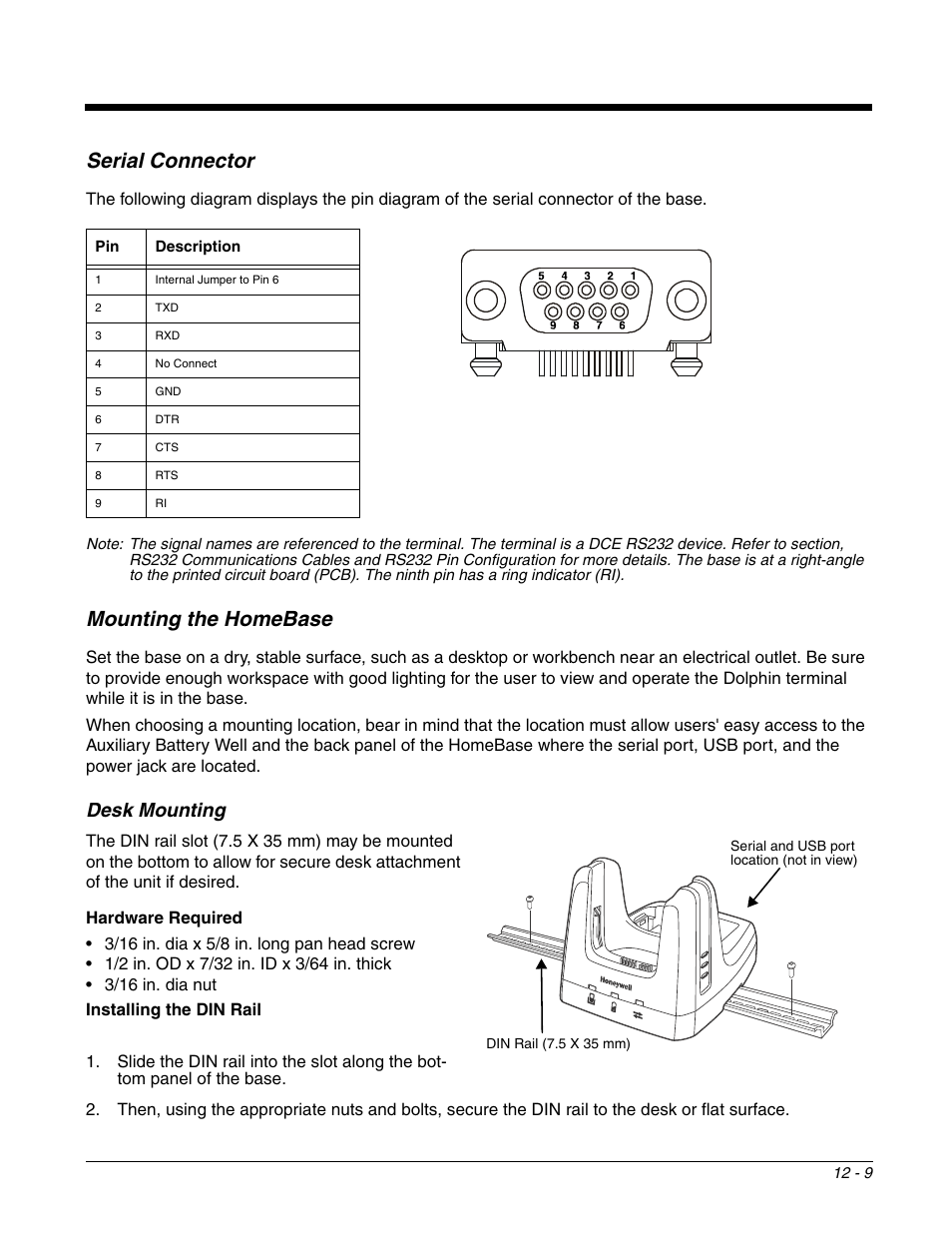 Serial connector, Mounting the homebase, Desk mounting | Serial connector -9 mounting the homebase -9, Desk mounting -9, Ation, see | Honeywell DOLPHIN 99EX User Manual | Page 139 / 190