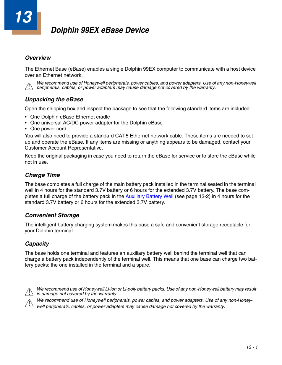 Dolphin 99ex ebase device, Overview, Unpacking the ebase | Chapter 13 - dolphin 99ex ebase device, Overview -1, Unpacking the ebase -1, For more information, see | Honeywell DOLPHIN 99EX User Manual | Page 141 / 190