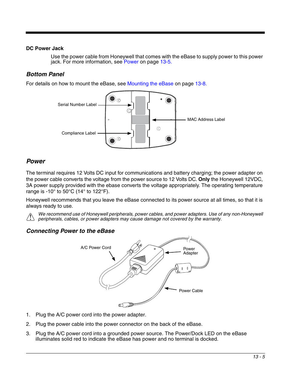 Bottom panel, Power, Connecting power to the ebase | Bottom panel -5, Power -5, Connecting power to the ebase -5 | Honeywell DOLPHIN 99EX User Manual | Page 145 / 190