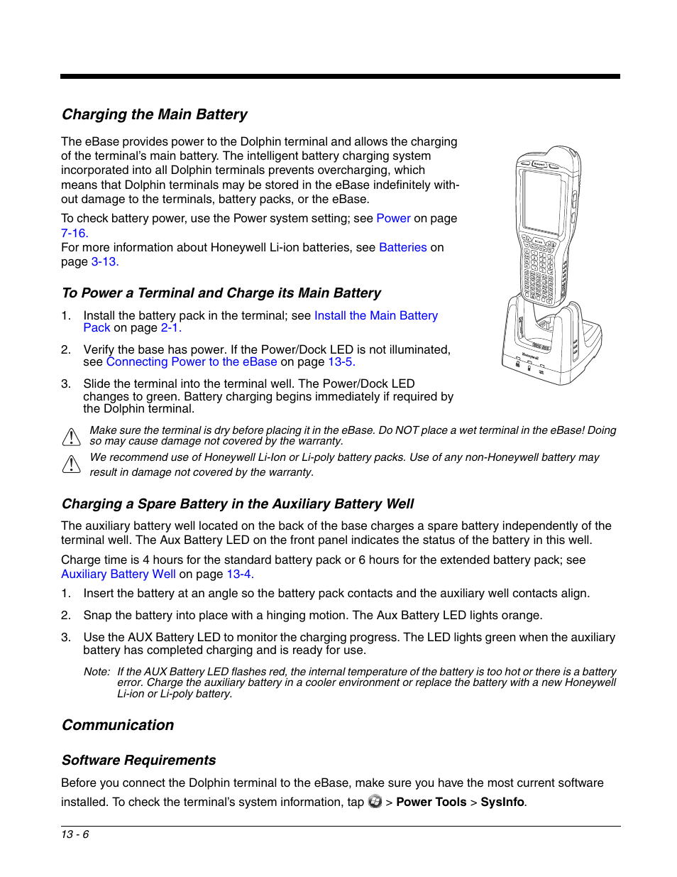 Charging the main battery, To power a terminal and charge its main battery, Communication | Software requirements, Charging the main battery -6, Communication -6, Software requirements -6 | Honeywell DOLPHIN 99EX User Manual | Page 146 / 190