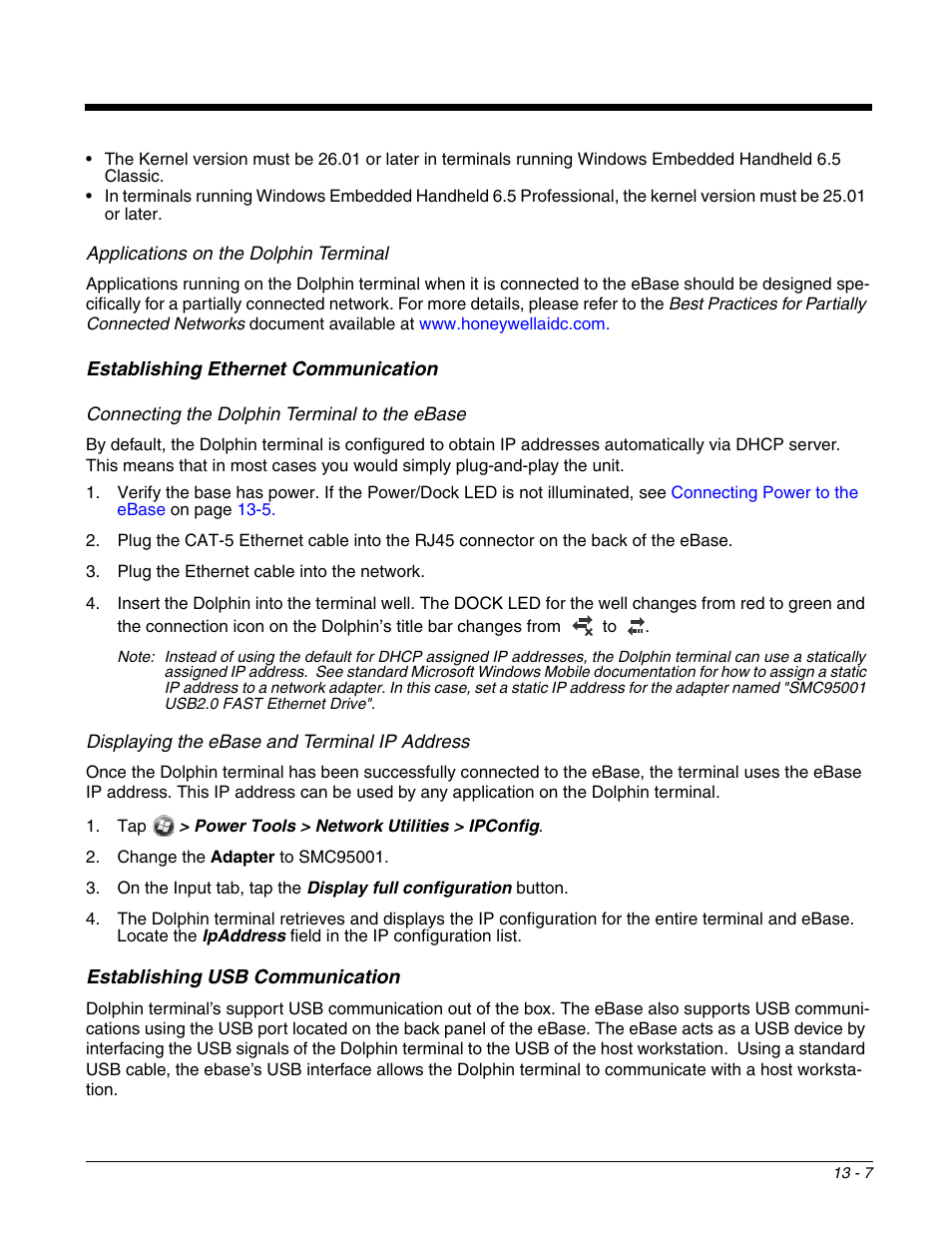 Establishing ethernet communication, Establishing usb communication | Honeywell DOLPHIN 99EX User Manual | Page 147 / 190