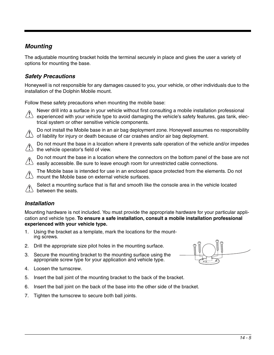 Mounting, Safety precautions, Installation | Mounting -5, Safety precautions -5 installation -5 | Honeywell DOLPHIN 99EX User Manual | Page 153 / 190