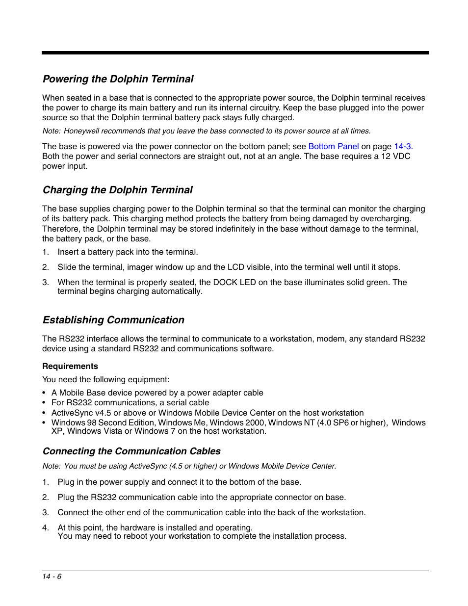 Powering the dolphin terminal, Charging the dolphin terminal, Establishing communication | Connecting the communication cables, Connecting the communication cables -6 | Honeywell DOLPHIN 99EX User Manual | Page 154 / 190