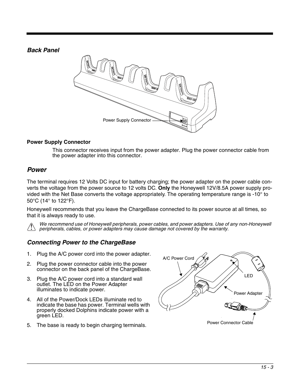 Back panel, Power, Connecting power to the chargebase | Back panel -3, Power -3 connecting power to the chargebase -3 | Honeywell DOLPHIN 99EX User Manual | Page 159 / 190