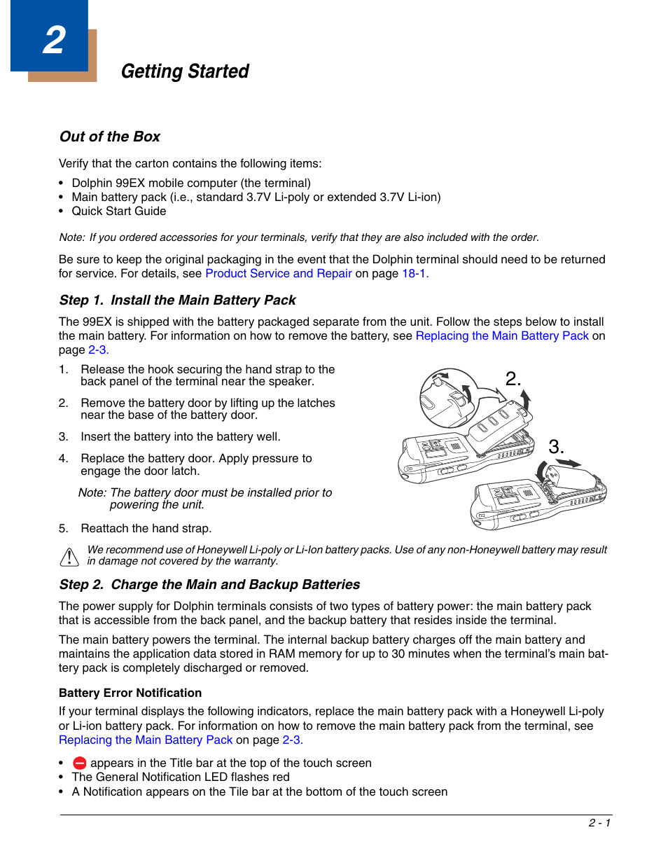 Getting started, Out of the box, Chapter 2 - getting started | Out of the box -1 | Honeywell DOLPHIN 99EX User Manual | Page 17 / 190