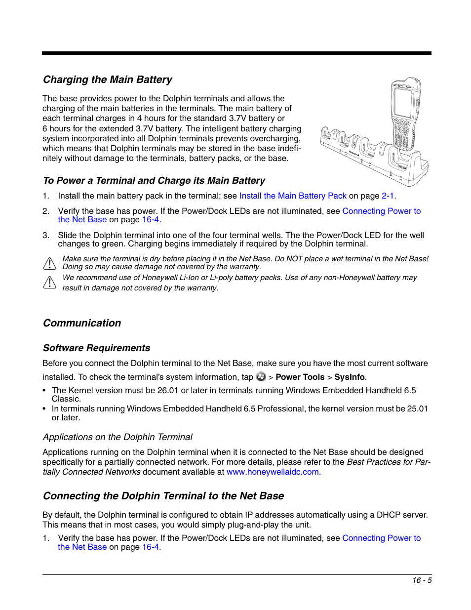 Charging the main battery, To power a terminal and charge its main battery, Communication | Software requirements, Connecting the dolphin terminal to the net base, Charging the main battery -5, To power a terminal and charge its main battery -5, Communication -5, Software requirements -5, Connecting the dolphin terminal to the net base -5 | Honeywell DOLPHIN 99EX User Manual | Page 171 / 190