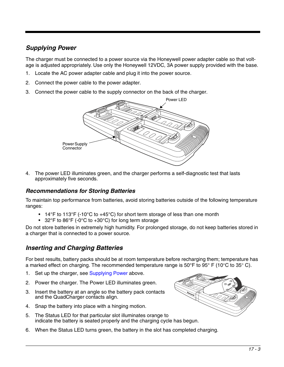 Supplying power, Inserting and charging batteries, Voltages between 90-265 volts. see | Honeywell DOLPHIN 99EX User Manual | Page 181 / 190