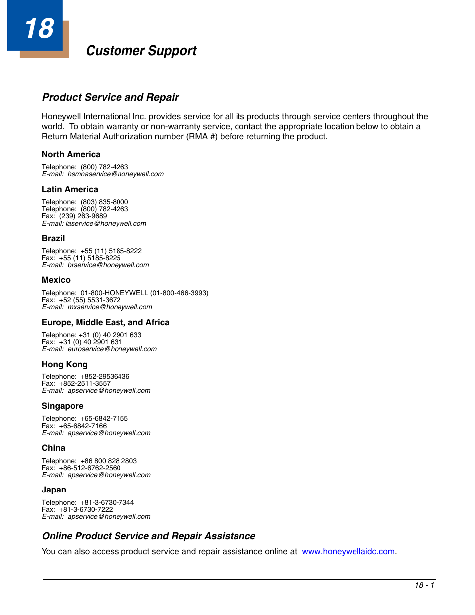 Customer support, Product service and repair, Online product service and repair assistance | Chapter 18 - customer support, Product service and repair -1, Online product service and repair assistance -1, Mation, see, Minal, see, Or go to | Honeywell DOLPHIN 99EX User Manual | Page 185 / 190