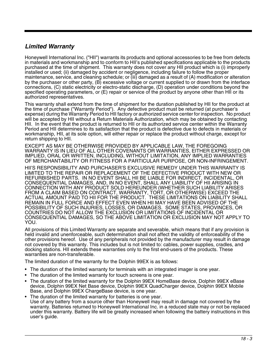 Limited warranty, Limited warranty -3 | Honeywell DOLPHIN 99EX User Manual | Page 187 / 190