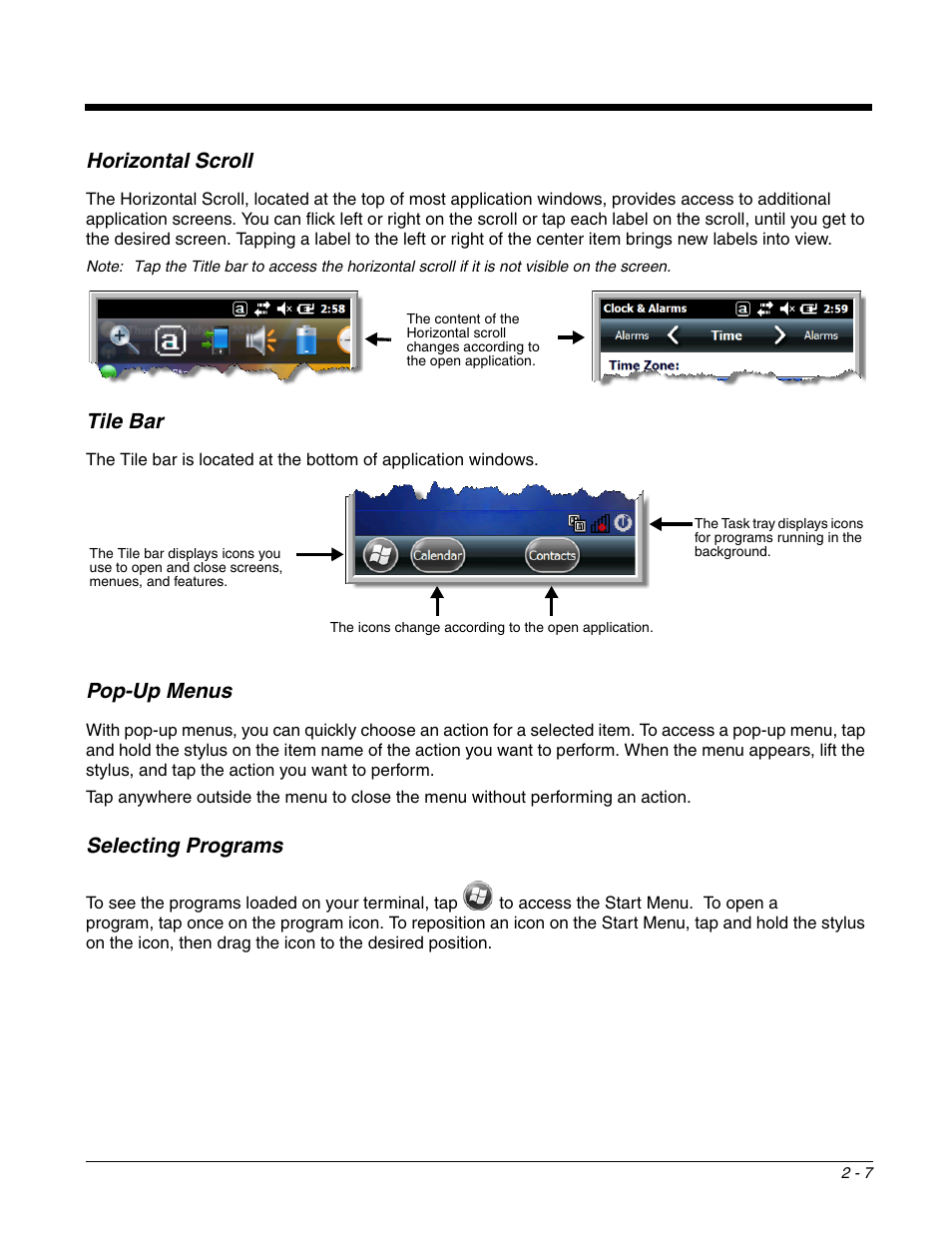 Horizontal scroll, Tile bar, Pop-up menus | Selecting programs, Mation, see | Honeywell DOLPHIN 99EX User Manual | Page 23 / 190