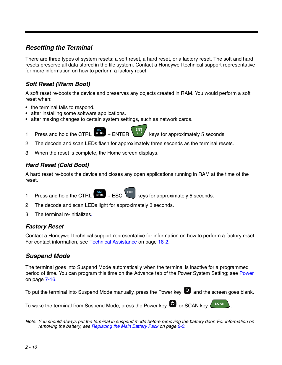 Resetting the terminal, Soft reset (warm boot), Hard reset (cold boot) | Factory reset, Suspend mode, Resetting the terminal -10, Suspend mode -10, To put the terminal in | Honeywell DOLPHIN 99EX User Manual | Page 26 / 190