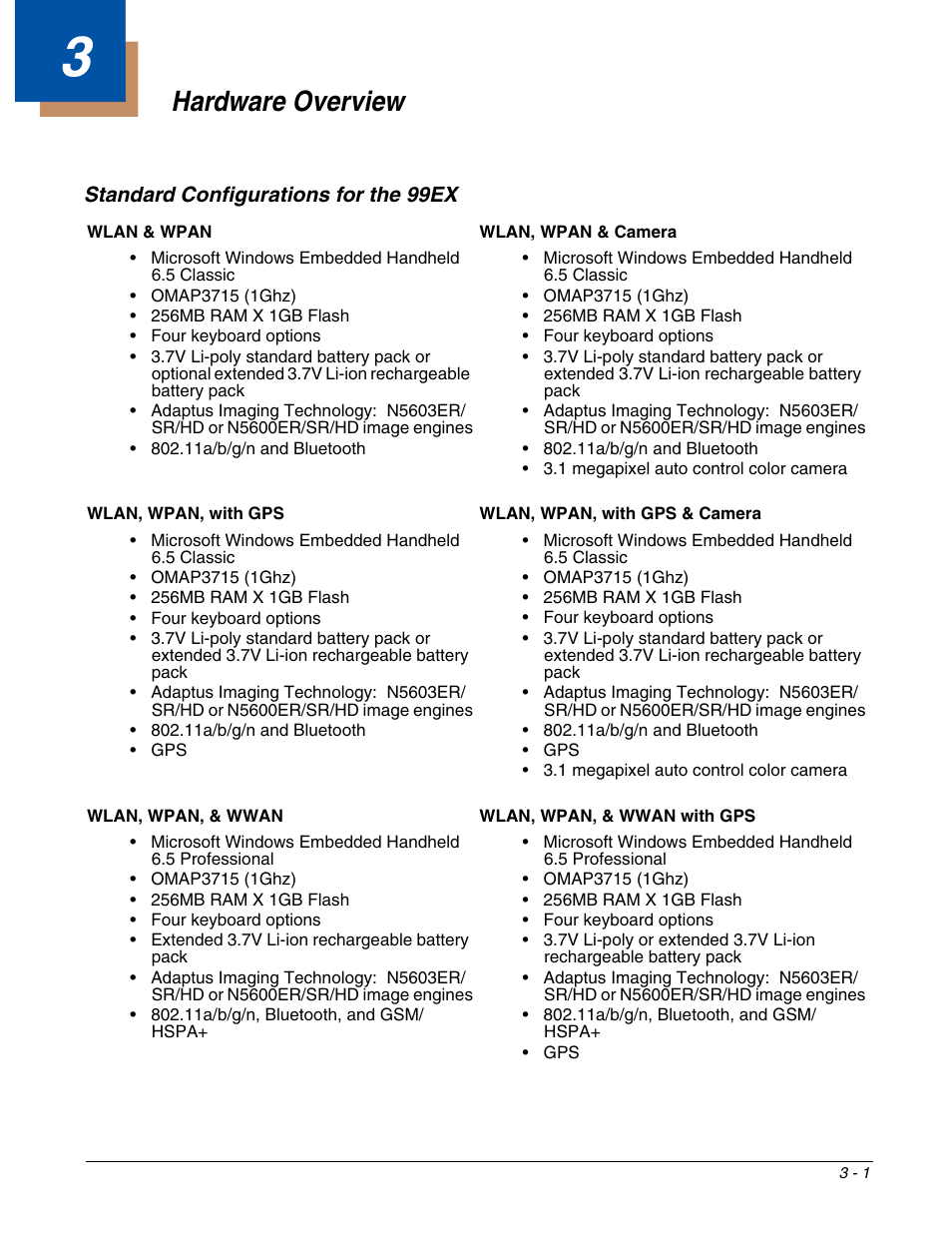 Hardware overview, Standard configurations for the 99ex, Chapter 3 - hardware overview | Standard configurations for the 99ex -1 | Honeywell DOLPHIN 99EX User Manual | Page 27 / 190