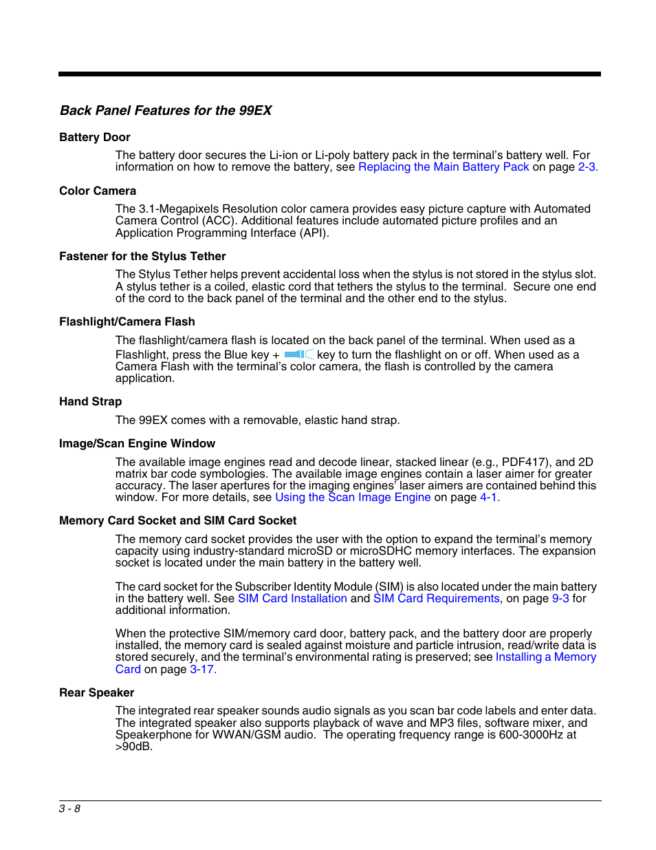 Back panel features for the 99ex, Back panel features for the 99ex -8, Belo | Image/scan engine window, Rear speaker, Fastener for the stylus tether, Flashlight, Camera flash, Color camera, Hand strap | Honeywell DOLPHIN 99EX User Manual | Page 34 / 190