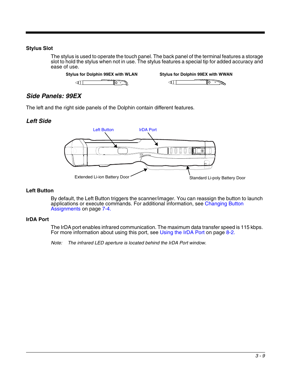 Side panels: 99ex, Left side, Side panels: 99ex -9 | Left side -9, Irda port | Honeywell DOLPHIN 99EX User Manual | Page 35 / 190
