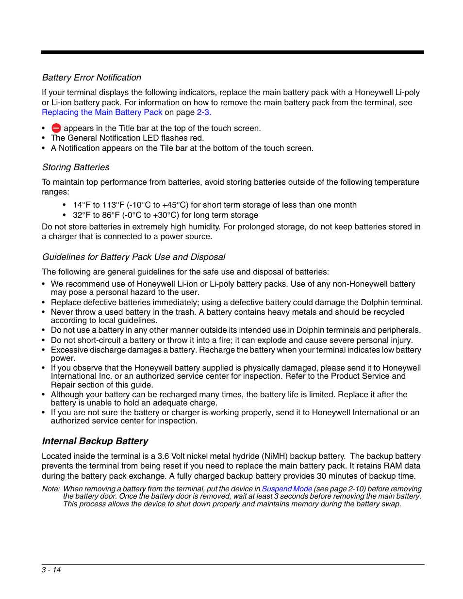 Internal backup battery, Internal backup battery -14 | Honeywell DOLPHIN 99EX User Manual | Page 40 / 190