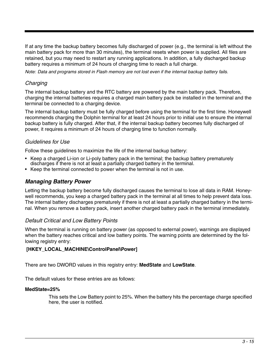 Managing battery power, Managing battery power -15 | Honeywell DOLPHIN 99EX User Manual | Page 41 / 190